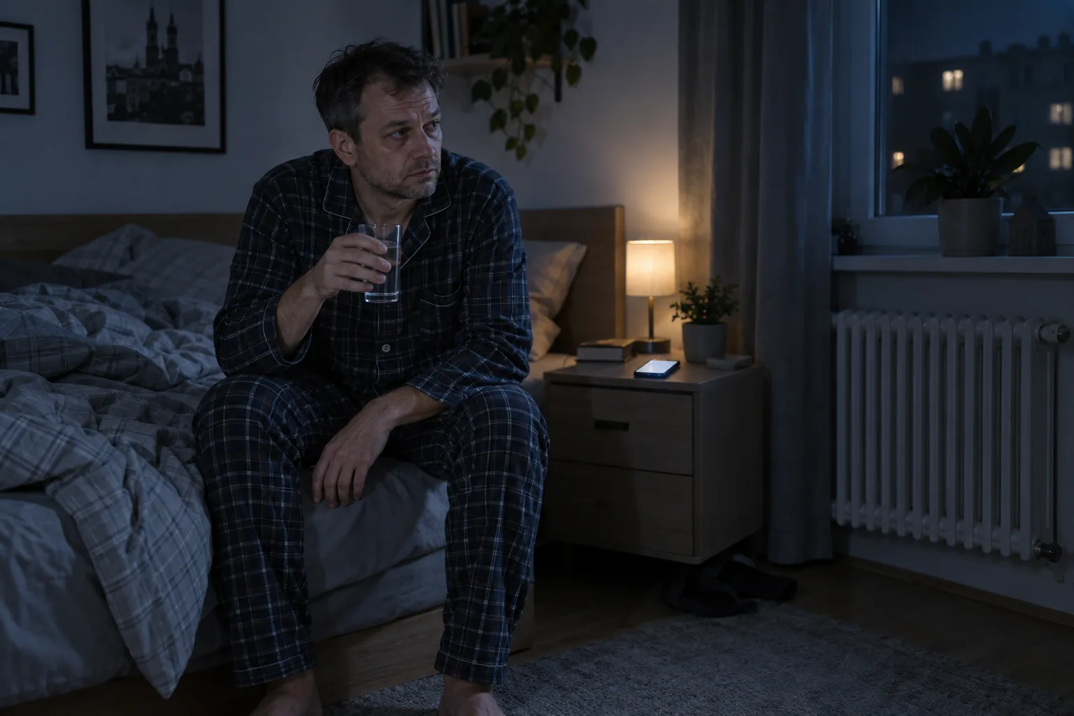 Mężczyzna w piżamie siedzi nocą na brzegu łóżka ze szklanką wody, obok świeci telefon