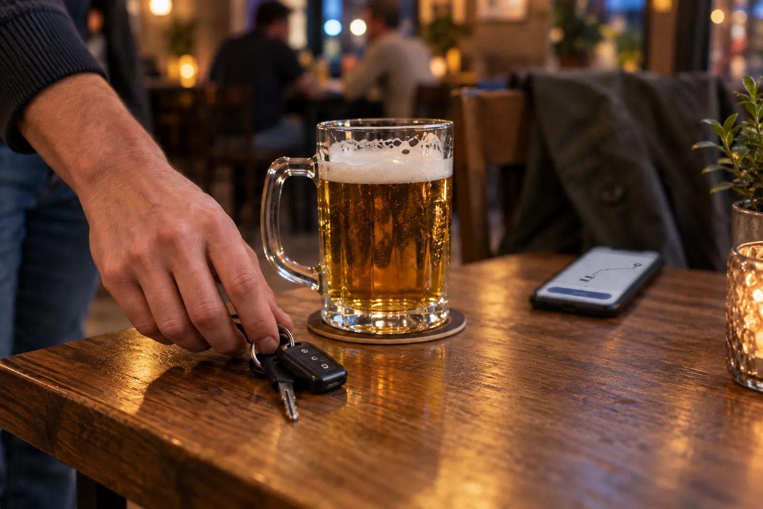 Dłoń odkłada kluczyki samochodowe obok kufla piwa, na stole telefon z mapą przejazdu