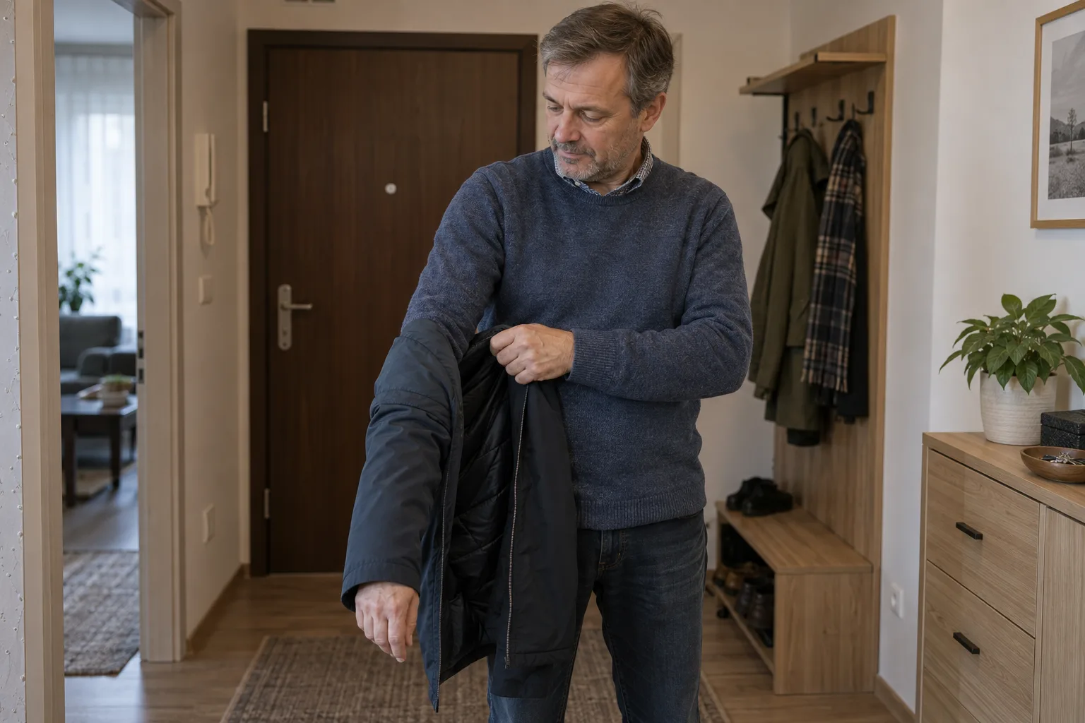 Mężczyzna w przedpokoju wsuwa opuszczoną rękę w rękaw kurtki trzymanej nisko z przodu