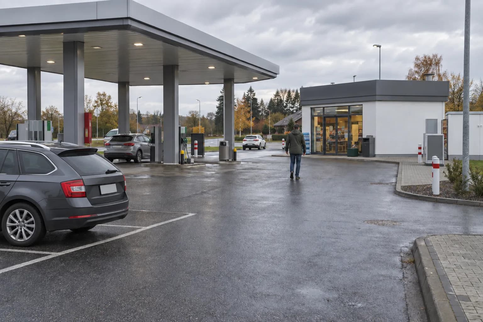 Kierowca w zielonej kurtce idzie przez mokry parking stacji benzynowej w stronę budynku kasy, za nim zaparkowane auto