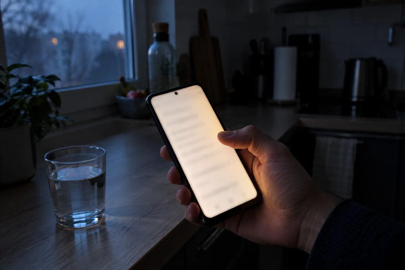 Dłoń trzyma podświetlony telefon w ciemnej kuchni o świcie, na blacie stoi szklanka wody.