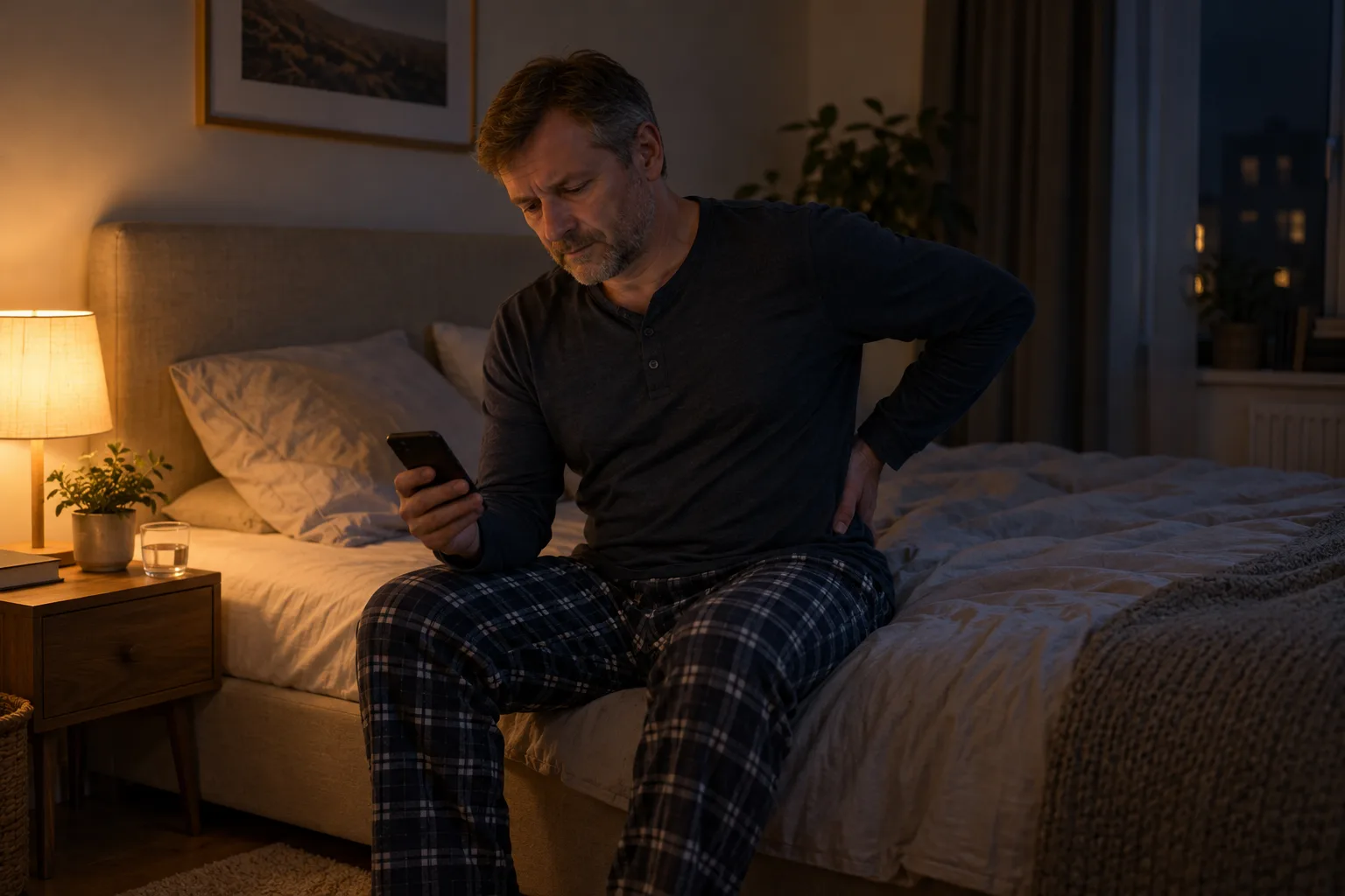 Mężczyzna w piżamie siedzi nocą na brzegu łóżka, jedną dłonią trzyma się za dolną część pleców, w drugiej ma telefon, obok pali się lampka nocna.