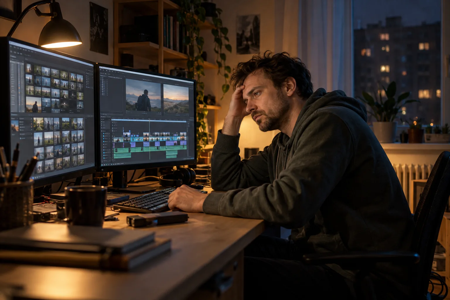 Mężczyzna w ciemnej bluzie siedzi wieczorem przy biurku z dwoma monitorami, na których widać program do montażu filmów, i trzyma dłoń przy czole i skroni, w świetle lampki