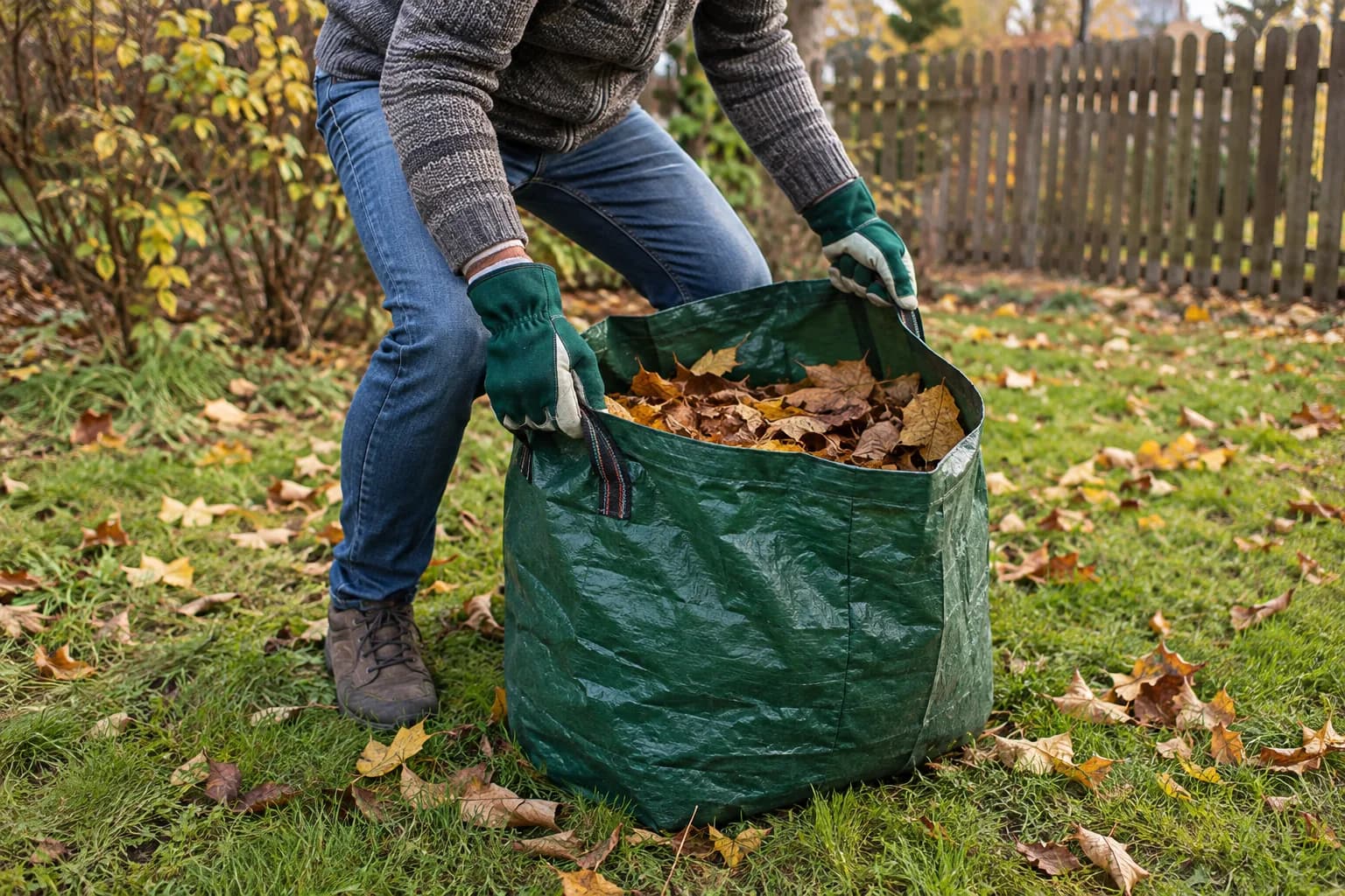 Osoba w rękawicach ogrodowych, z ugiętymi kolanami i przodem do worka, chwyta za uchwyty zielony worek z jesiennymi liśćmi na trawniku przy drewnianym płocie