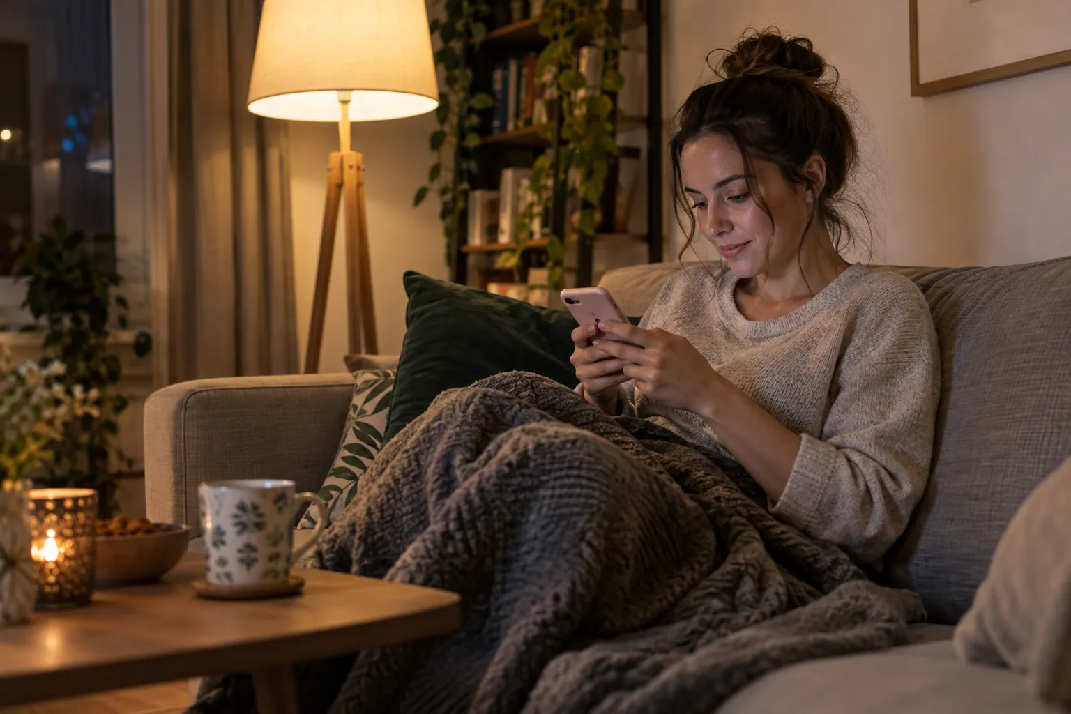 Kobieta pisze wiadomość na telefonie, siedząc na kanapie w domu