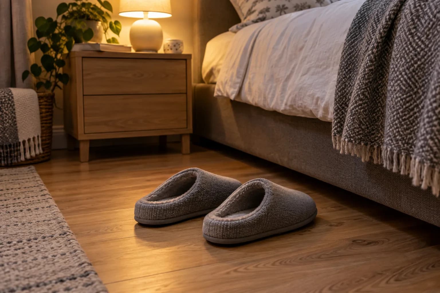Szare kapcie z miękką piętą stoją przy łóżku na drewnianych panelach, w tle zapalona lampka nocna