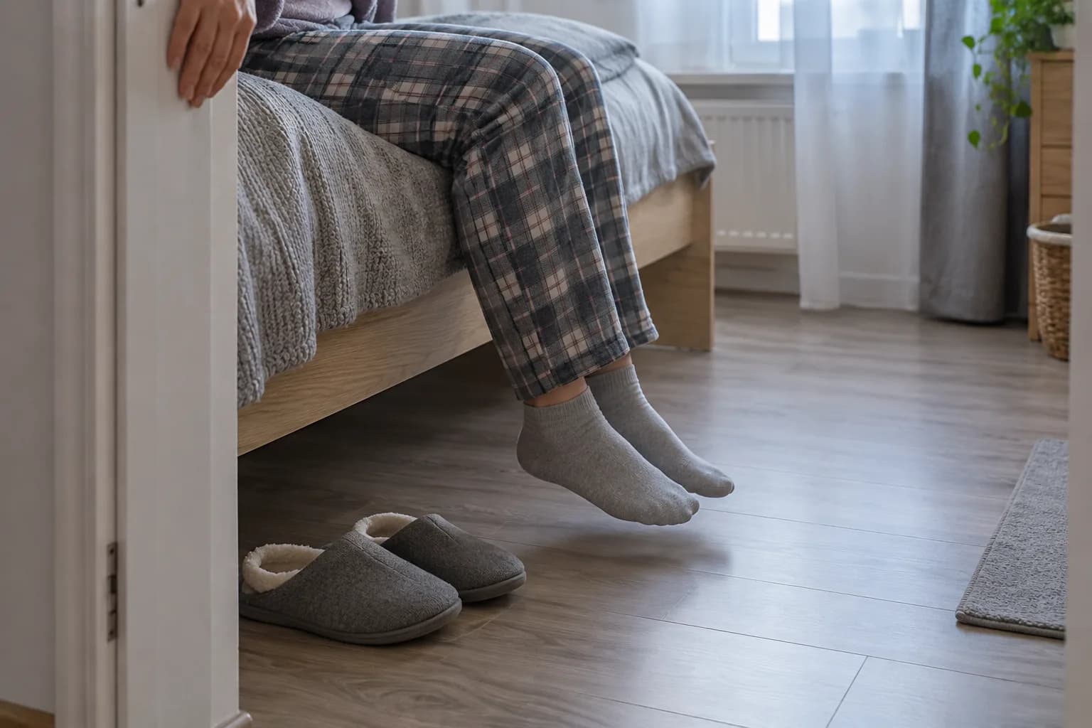 Osoba w piżamie siedzi na brzegu łóżka, trzyma się framugi, stopy w skarpetkach wiszą nad panelami, obok szare kapcie
