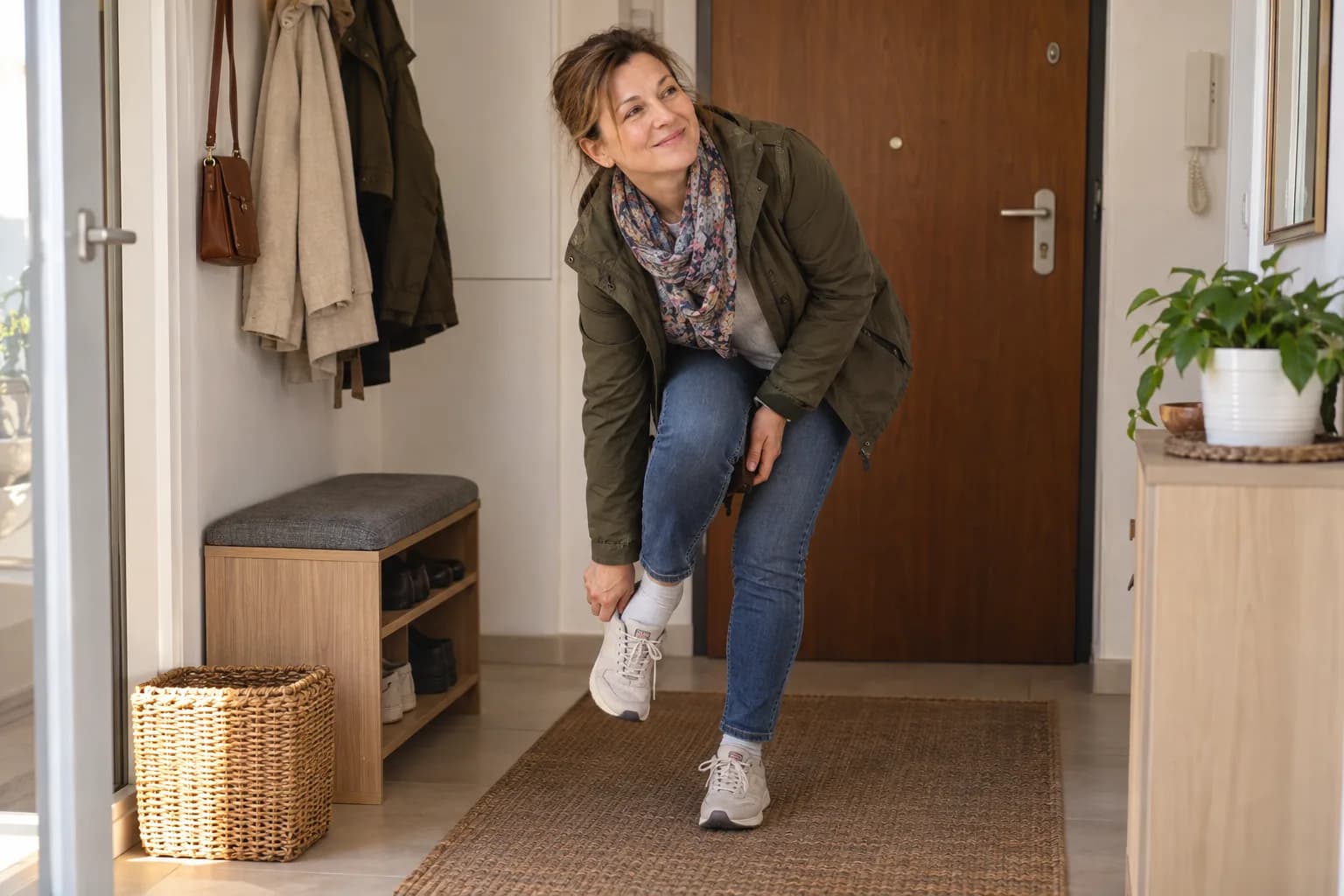 Kobieta po spacerze zdejmuje buty w przedpokoju i prostuje plecy