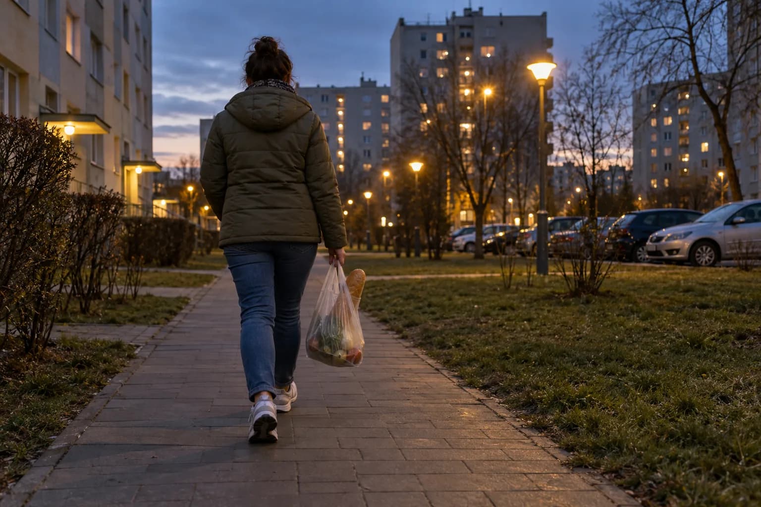 Osoba w kurtce idzie o zmierzchu chodnikiem między blokami z siatką zakupów