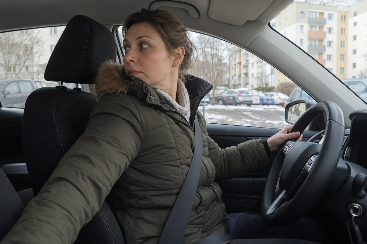Kobieta w zimowej kurtce za kierownicą na osiedlowym parkingu odwraca głowę przez ramię, żeby cofnąć auto