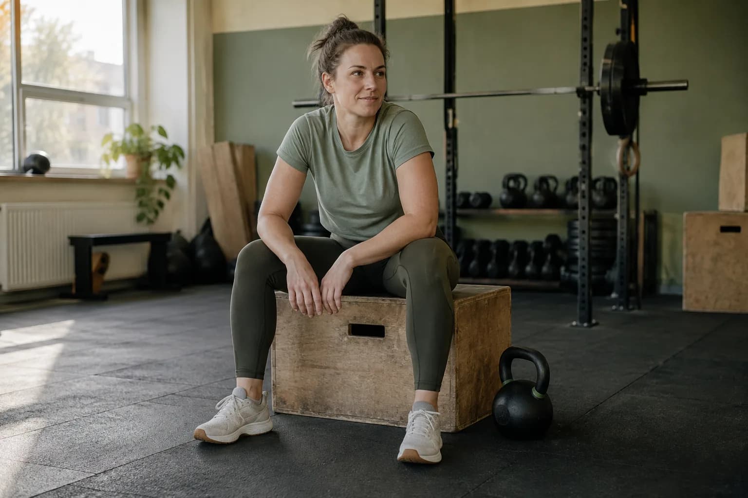 Kobieta w stroju sportowym odpoczywa na skrzyni w sali treningowej, obok kettlebell.