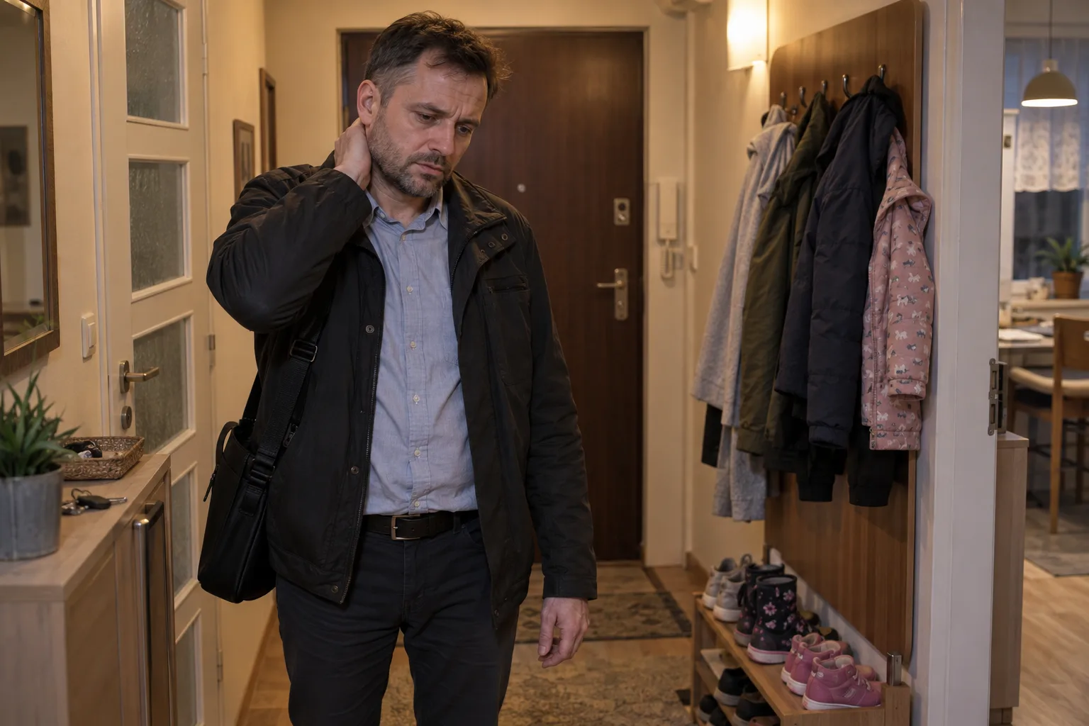 Mężczyzna w kurtce, z torbą na ramieniu, wraca wieczorem z pracy i w przedpokoju rozciera dłonią kark, obok wieszak z kurtkami i dziecięce buty