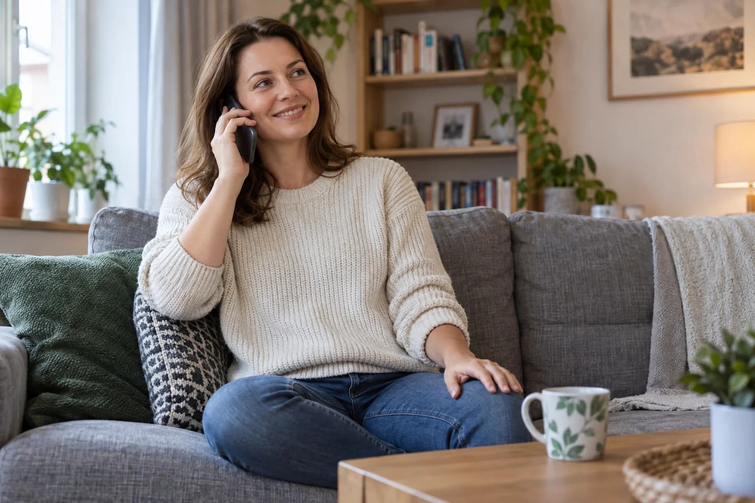 Kobieta siedząca na kanapie rozmawia przez telefon.