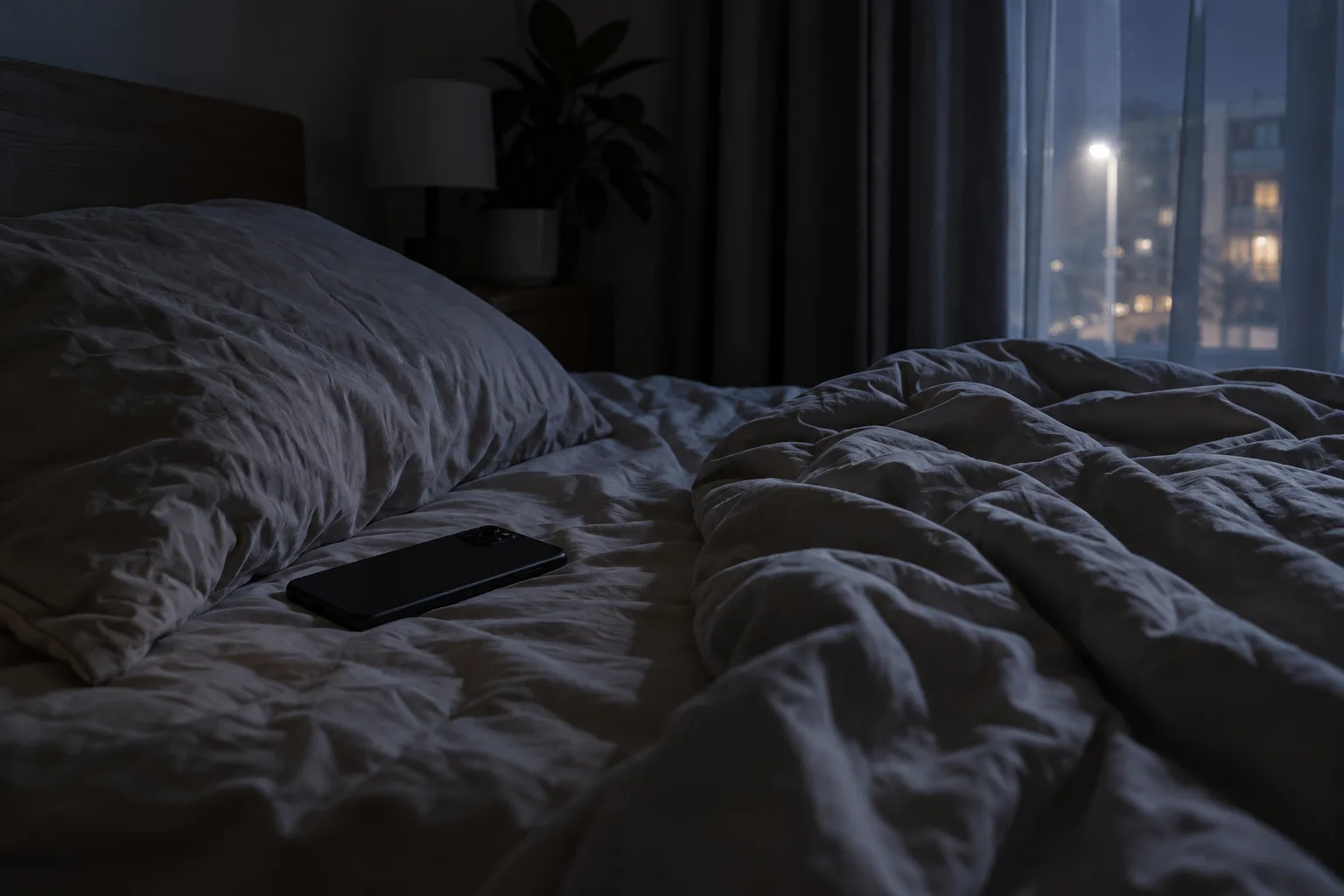 Ciemna sypialnia nocą, na pościeli przy poduszce leży telefon ekranem w dół, za oknem świeci latarnia