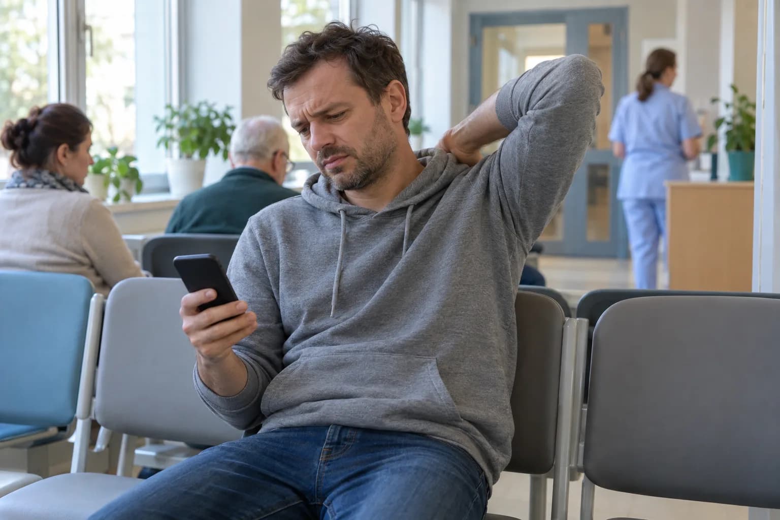 Mężczyzna w szarej bluzie siedzi w poczekalni przychodni, patrzy w telefon i trzyma dłoń na karku za barkiem