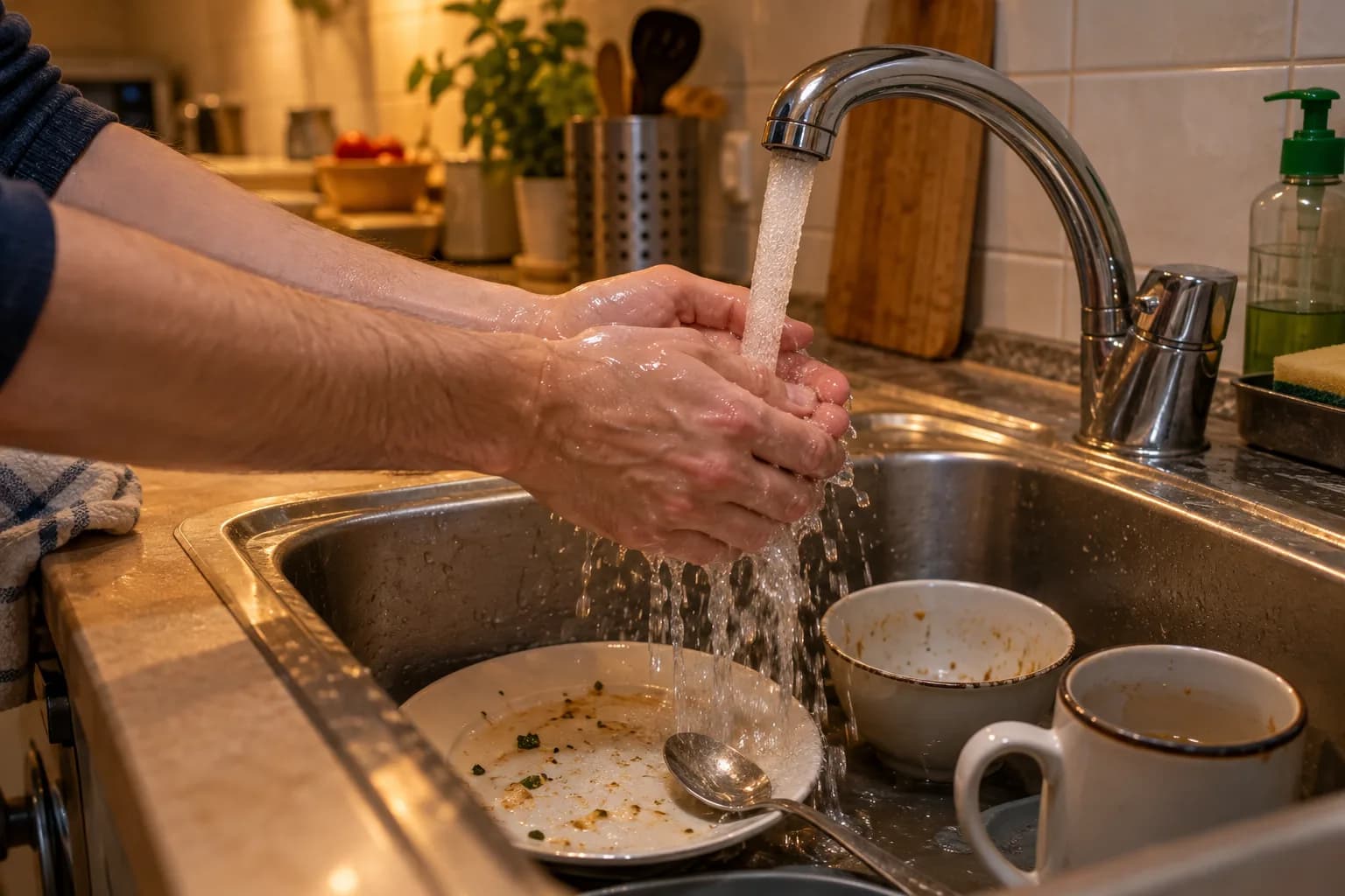 Dłonie pod strumieniem wody z kranu nad kuchennym zlewem, w zlewie talerz, miska, kubek i łyżka