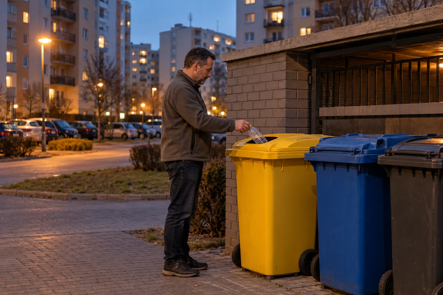 Mężczyzna w polarze wieczorem przy altanie śmietnikowej na osiedlu wrzuca plastikową butelkę do żółtego pojemnika