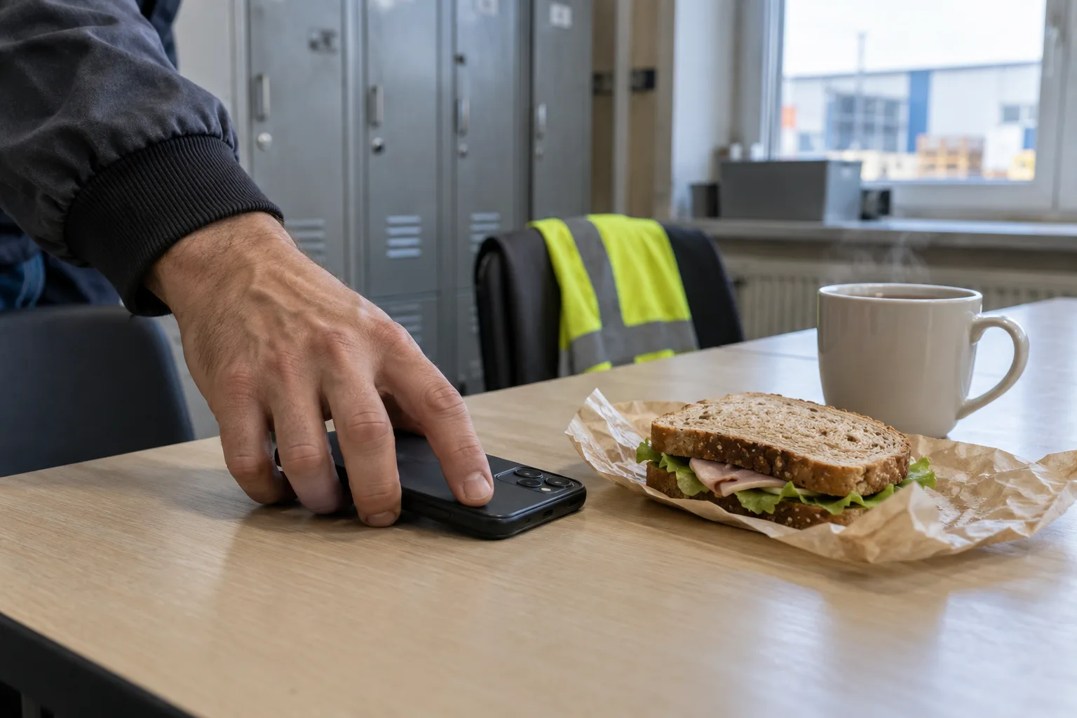 Męska dłoń odkłada telefon na stół w pokoju socjalnym, obok kanapka w papierze i parujący kubek, w tle szafki na ubrania i kamizelka odblaskowa na krześle