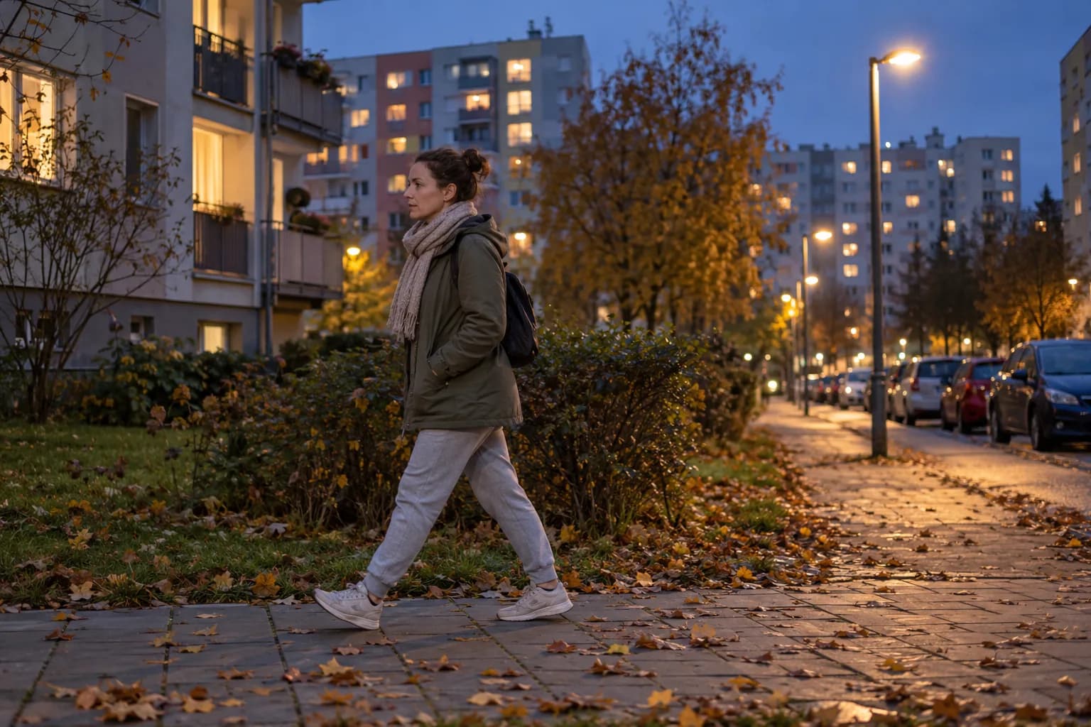 Kobieta w dresie, kurtce i szaliku idzie szybkim krokiem chodnikiem wzdłuż osiedla z blokami, jesienny wieczór, latarnie i liście na płytach