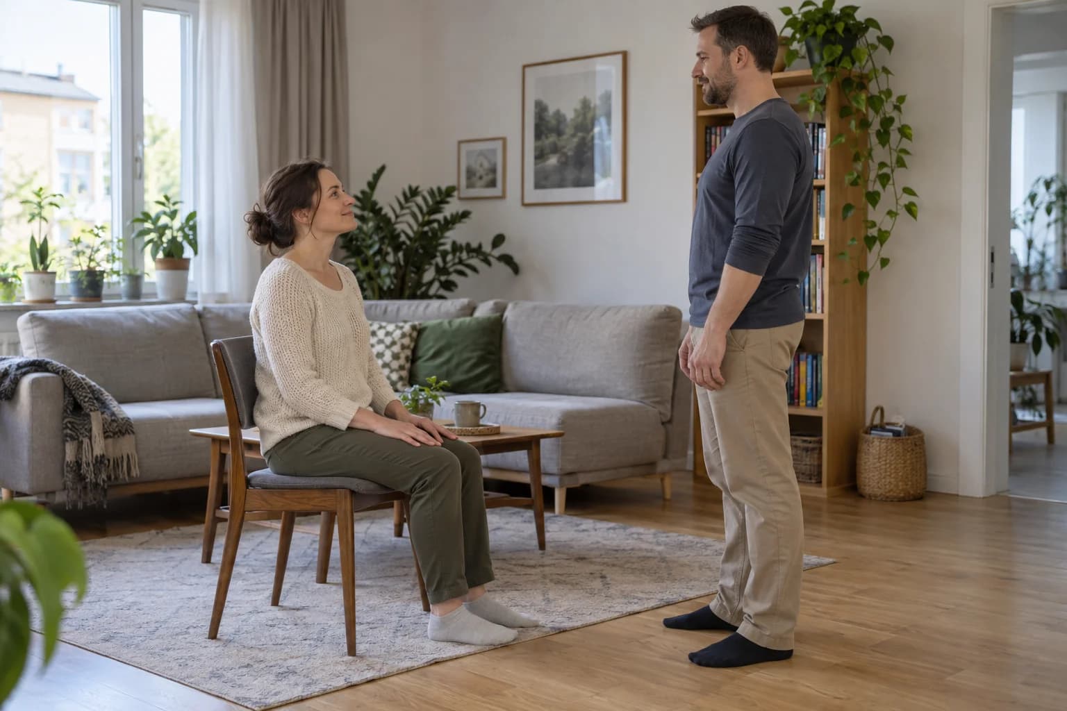Kobieta siedzi na krześle po odpoczynku, a druga osoba stoi obok.