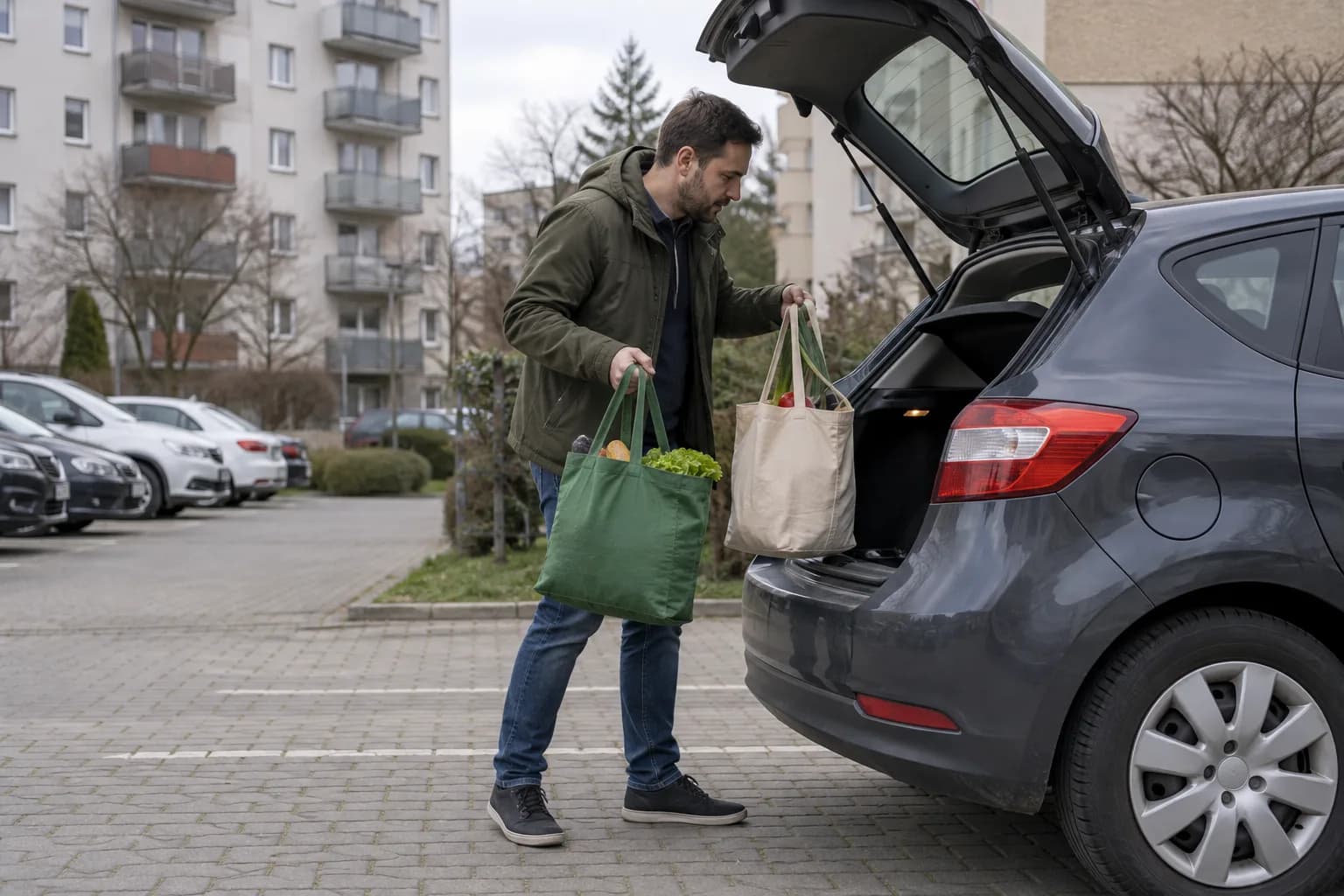Mężczyzna na osiedlowym parkingu wyjmuje z bagażnika dwie torby z zakupami.