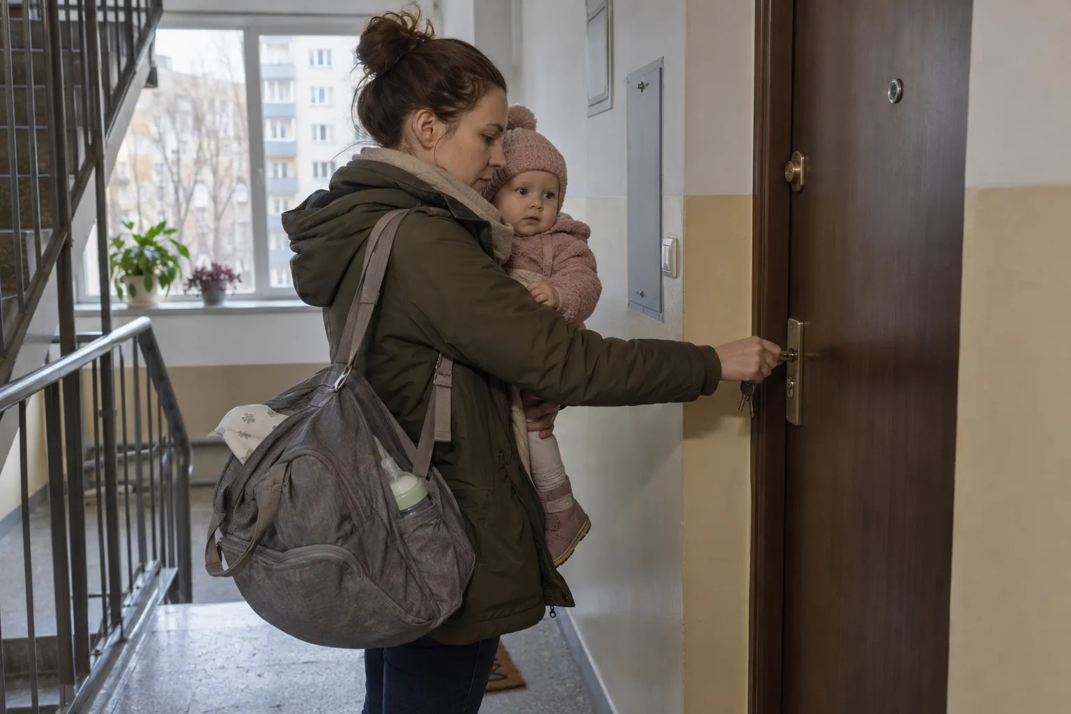 Kobieta z małym dzieckiem na ręku i torbą z butelką na ramieniu otwiera kluczem drzwi mieszkania na klatce schodowej