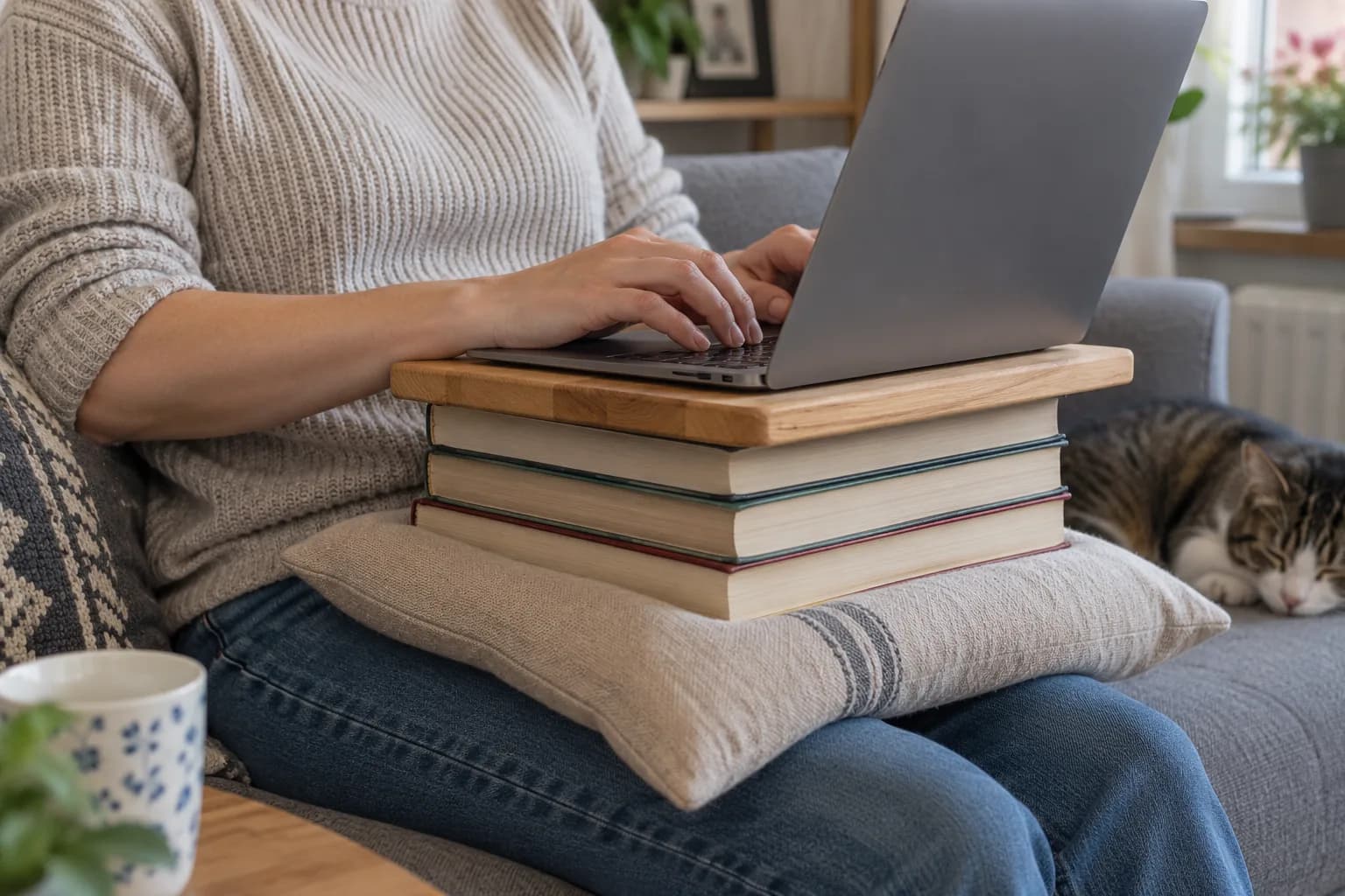 Laptop na drewnianej desce, stosie książek i poduszce na kolanach osoby siedzącej na kanapie, obok śpi kot