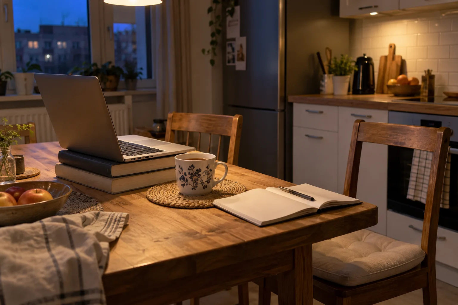 Laptop podniesiony na dwóch grubych książkach na kuchennym stole, obok kubek herbaty i notes