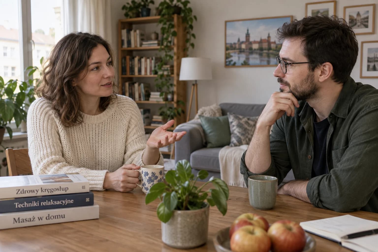 Dwie osoby spokojnie rozmawiają przy stole.