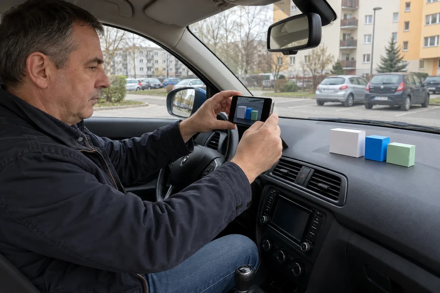 Mężczyzna po pięćdziesiątce siedzi za kierownicą auta zaparkowanego na osiedlowym parkingu i robi telefonem zdjęcie trzech pudełek leków stojących na desce rozdzielczej