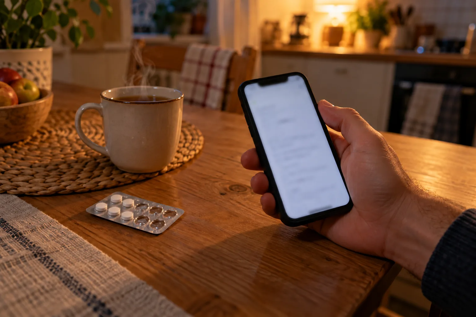 Wieczorem przy kuchennym stole męska dłoń trzyma telefon, obok leży do połowy pusty blister białych tabletek i kubek herbaty