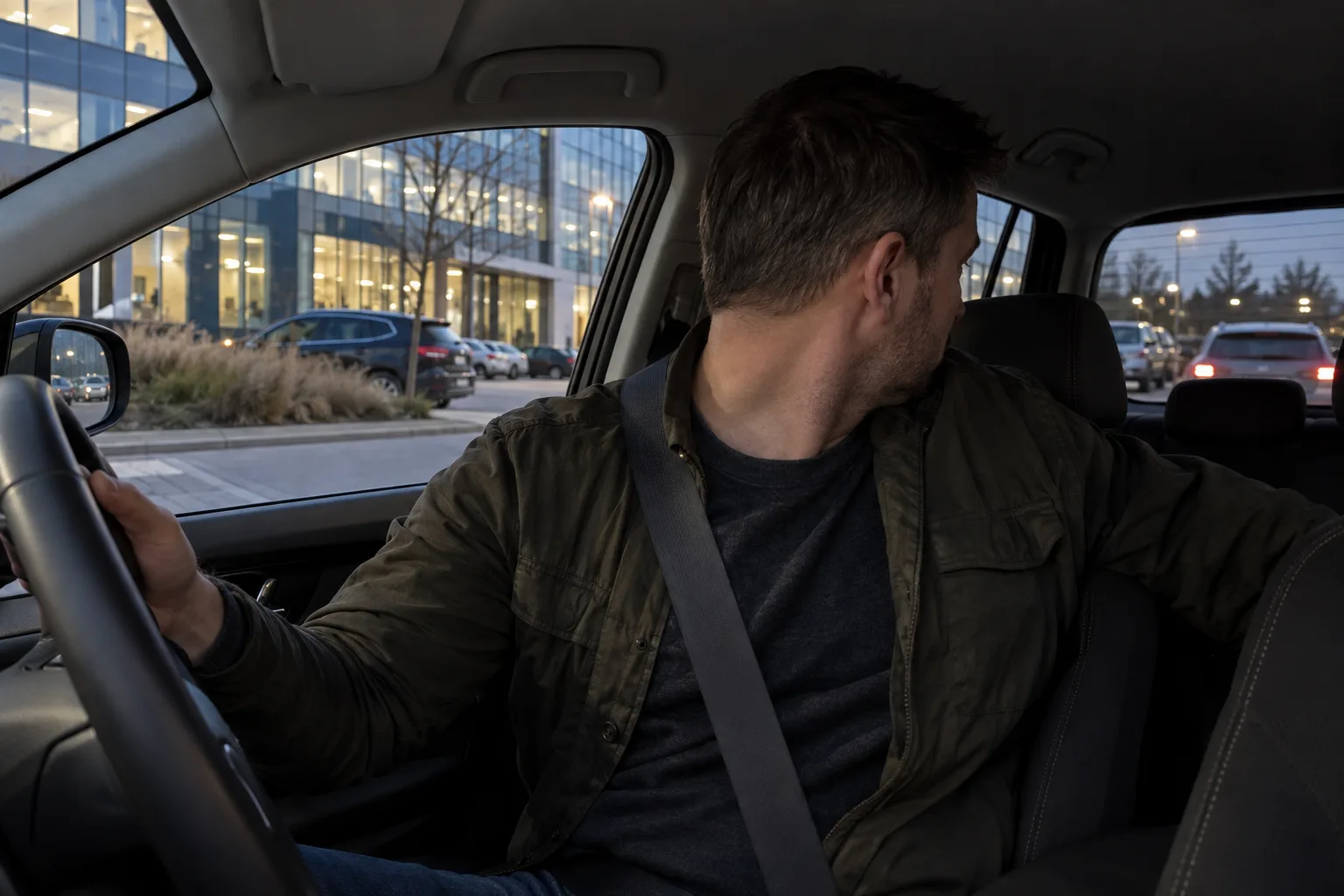 Mężczyzna za kierownicą wieczorem odwraca głowę przez ramię, cofając auto na parkingu