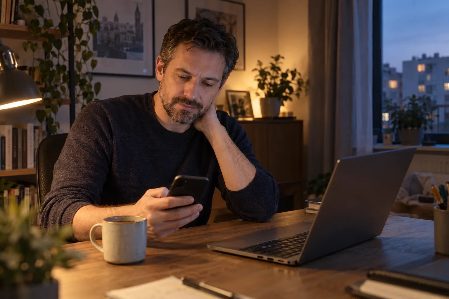 Mężczyzna wieczorem przy biurku trzyma dłoń na karku i zapisuje notatkę w telefonie, obok kubek i laptop