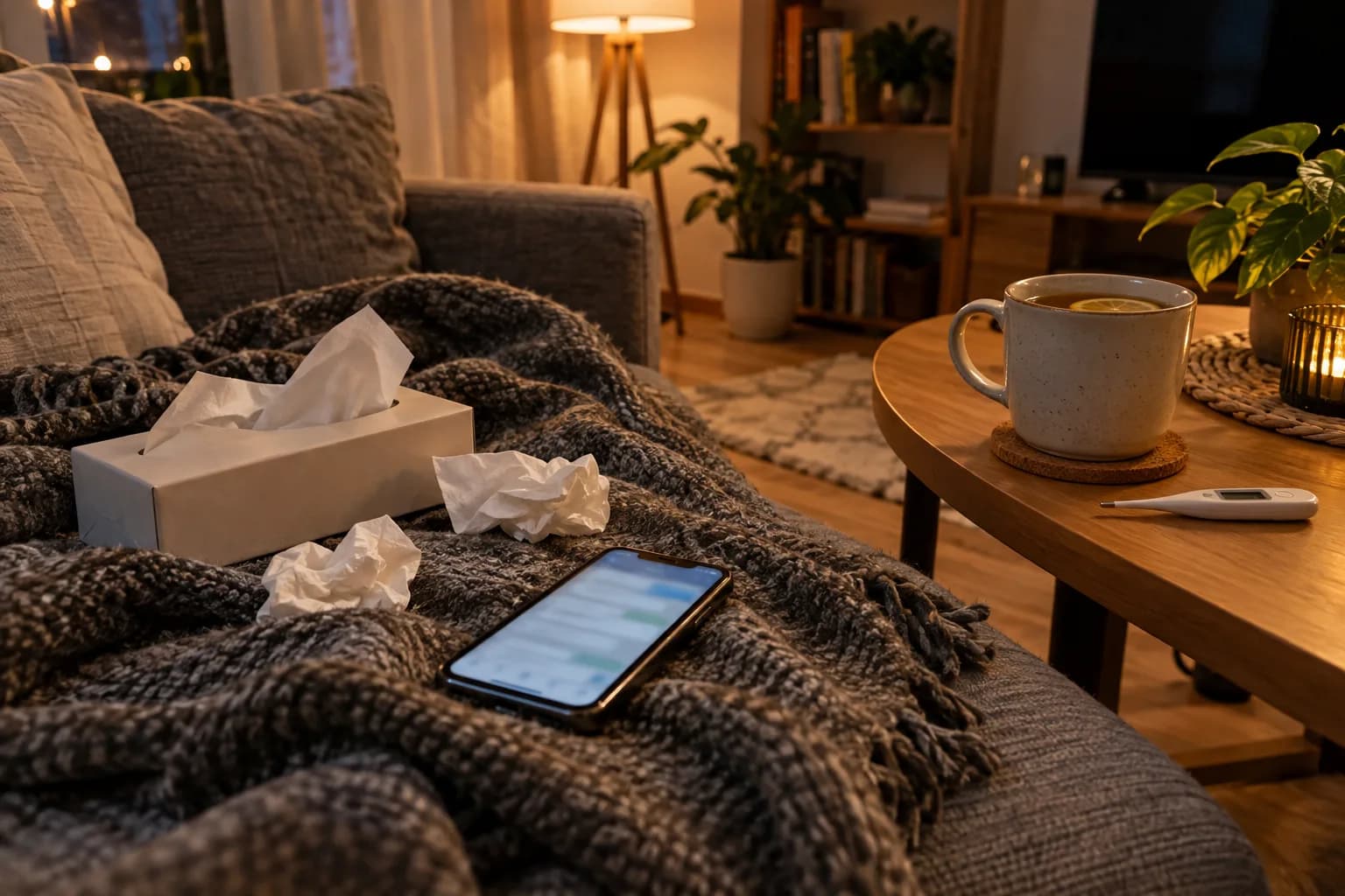 Smartfon z otwartym komunikatorem na szarym kocu na kanapie, obok pudełko chusteczek i zużyte chusteczki, na stoliku kubek herbaty z cytryną i termometr elektroniczny, wieczorne światło lampy