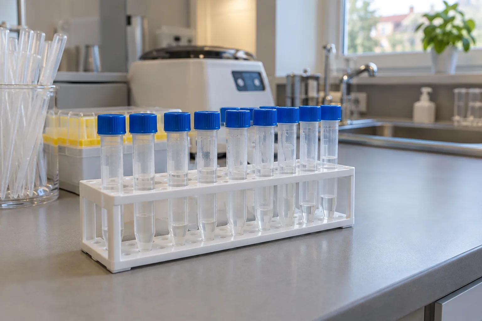 Probówki na próbki w statywie na blacie laboratorium