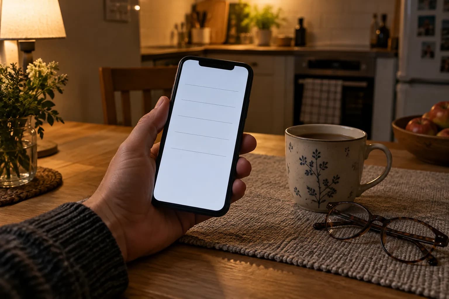 Dłoń trzyma telefon z pustą notatką nad kuchennym stołem, obok kubek i okulary.