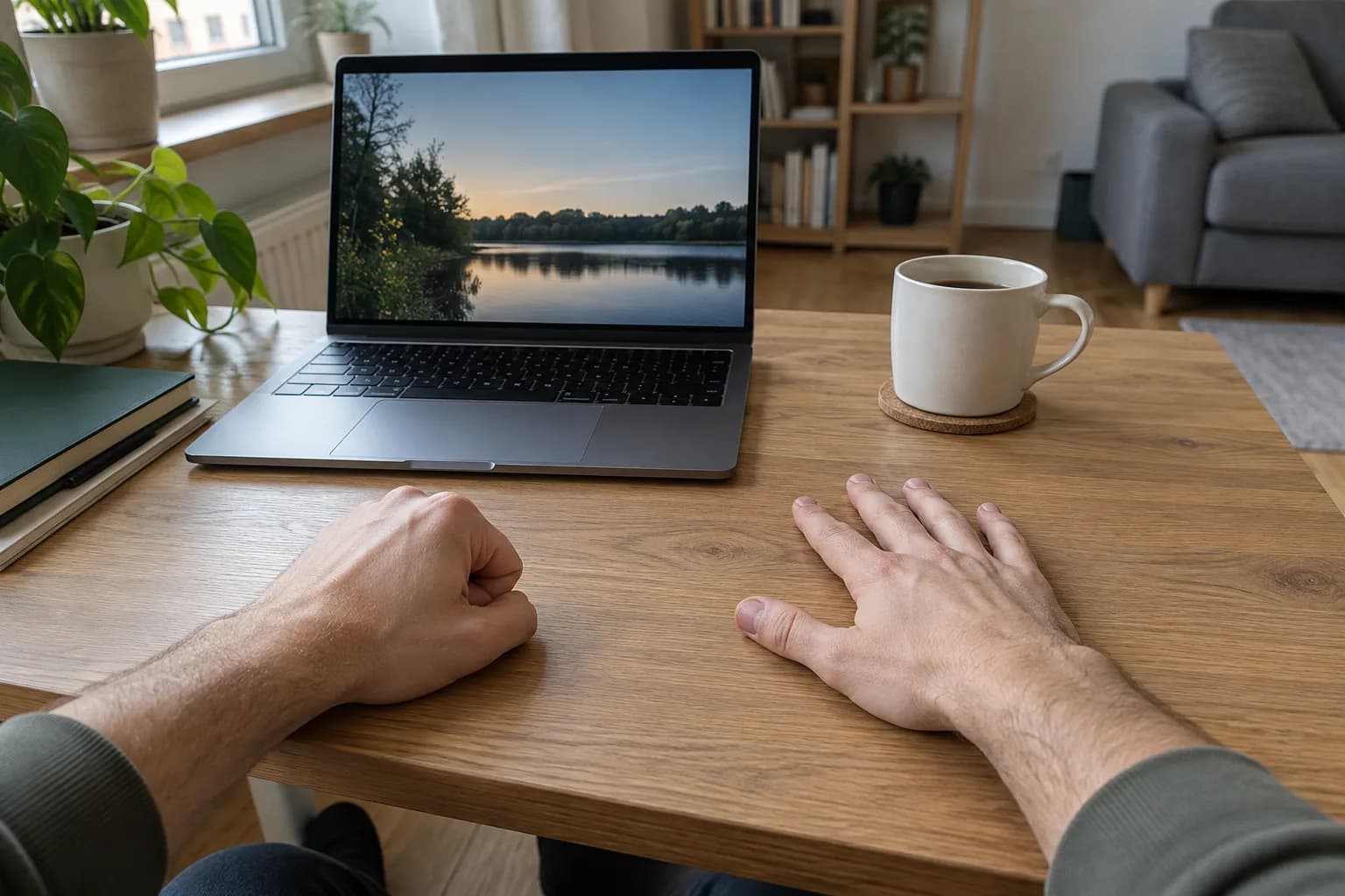 Dwie dłonie na biurku obok laptopa: jedna zaciśnięta w pięść, druga otwarta i rozluźniona