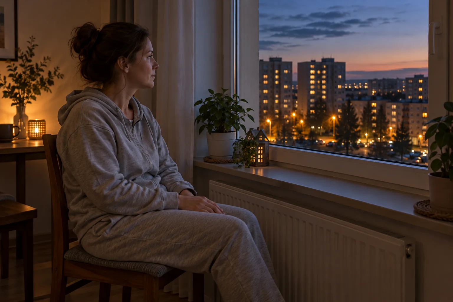 Kobieta w szarym dresie siedzi na krześle przy oknie z dłońmi na udach i patrzy na wieczorne światła osiedla