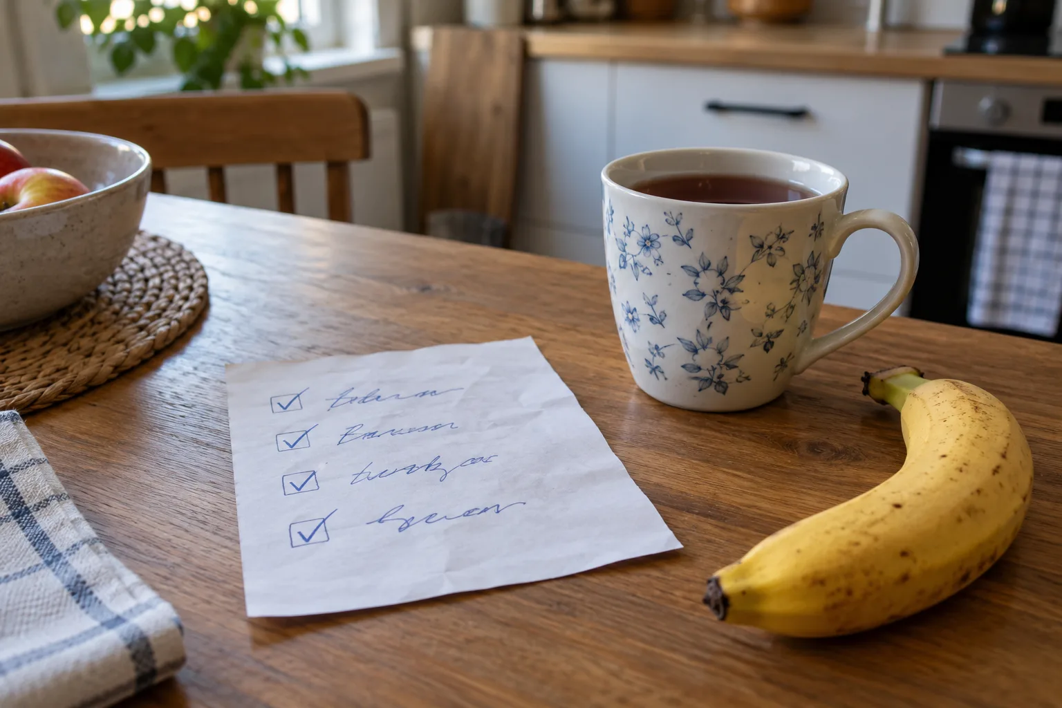 Kartka z czterema odhaczonymi punktami na kuchennym stole obok kubka herbaty i banana