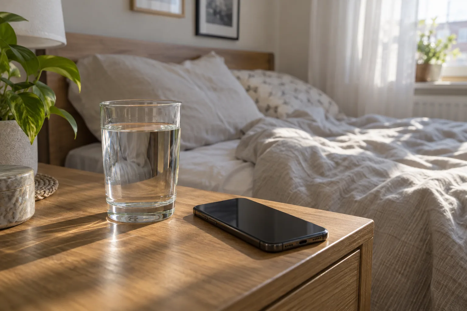 Szklanka wody i wyciszony telefon na szafce nocnej przy rozgrzebanym łóżku w porannym świetle
