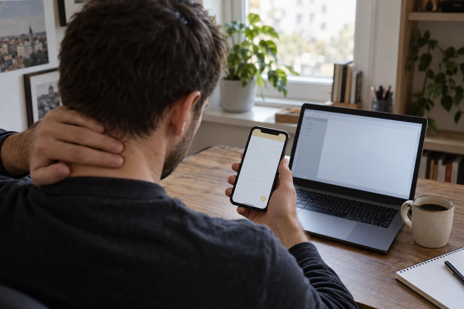 Mężczyzna przy biurku trzyma dłoń na karku i patrzy w notatkę w telefonie, obok laptop i kubek kawy