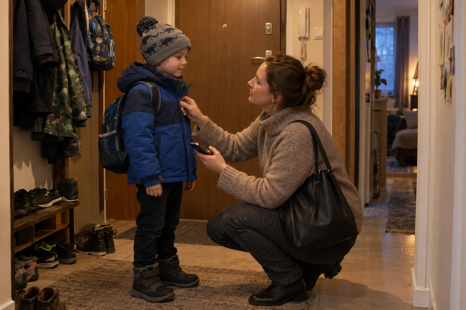 Mama w beżowym swetrze, z torebką na ramieniu, kuca w przedpokoju i zapina kurtkę chłopcu w czapce w dinozaury, w drugiej dłoni trzyma telefon; na wieszaku kurtki i dziecięcy plecak, pod ścianą buty