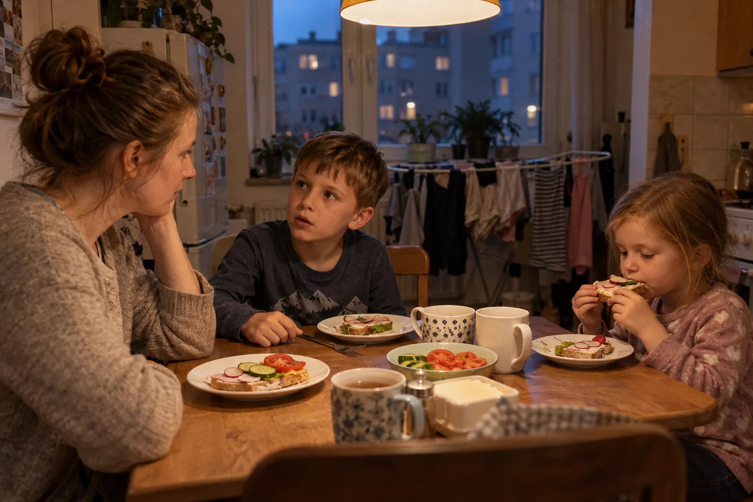 Mama siedzi z dwójką dzieci przy kuchennym stole w czasie kolacji, chłopiec odwrócony do niej patrzy pytająco, dziewczynka je kanapkę z rzodkiewką; w tle suszarka z praniem przy oknie i bloki za szybą