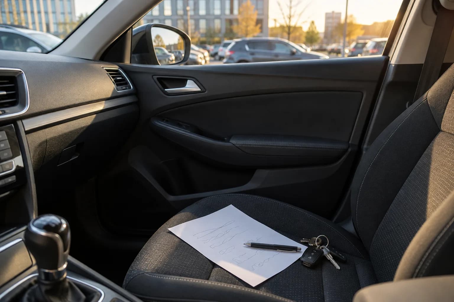 Kartka z kilkoma odręcznymi linijkami, długopis i pęk kluczyków leżą na siedzeniu pasażera w zaparkowanym aucie, za szybą parking pod biurowcem w popołudniowym słońcu