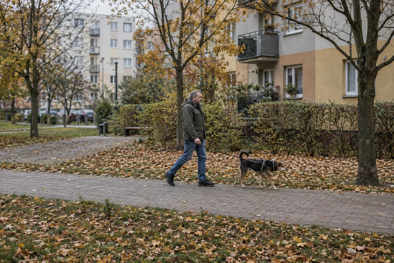 Mężczyzna spaceruje z psem osiedlową alejką pełną jesiennych liści