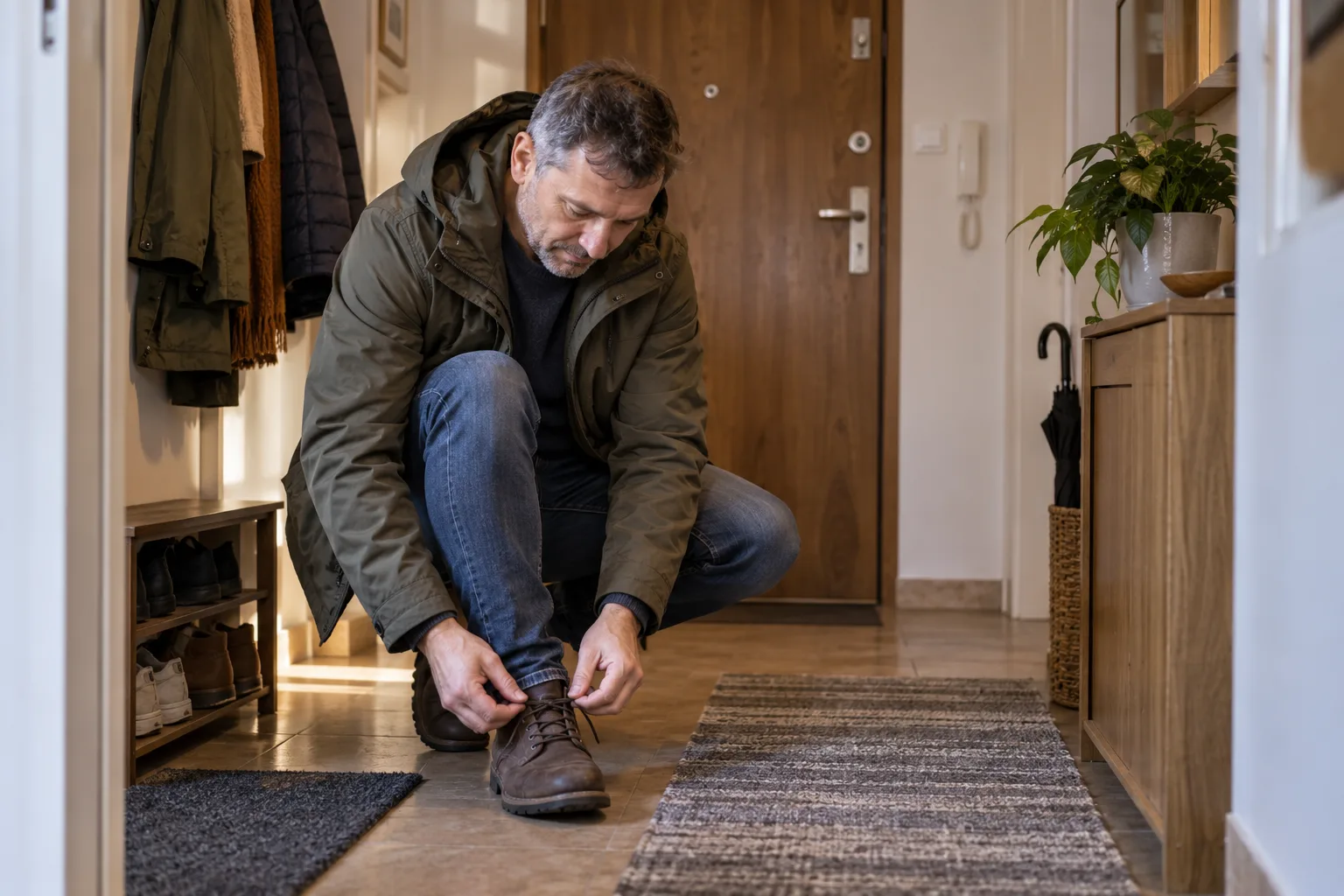 Mężczyzna w przedpokoju spokojnie zawiązuje buty