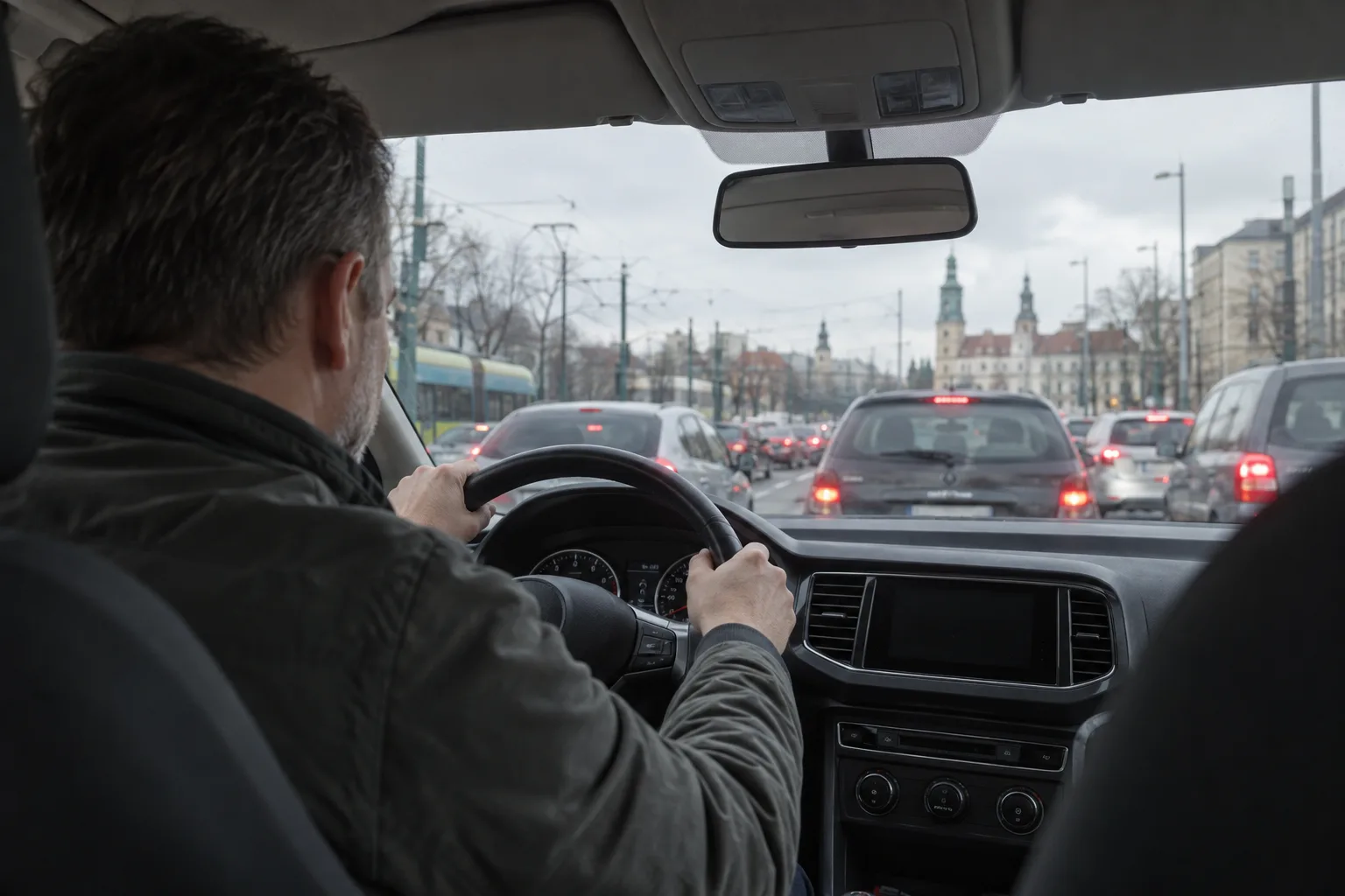 Mężczyzna za kierownicą stoi w korku na poznańskiej ulicy, widok zza jego ramienia na lusterko wsteczne i sznur aut.