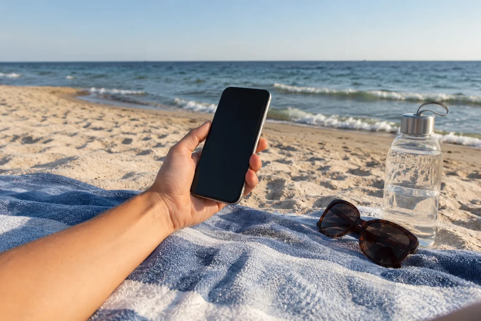 Dłoń trzyma telefon z wygaszonym ekranem nad ręcznikiem plażowym, obok okulary przeciwsłoneczne i butelka wody, w tle morze