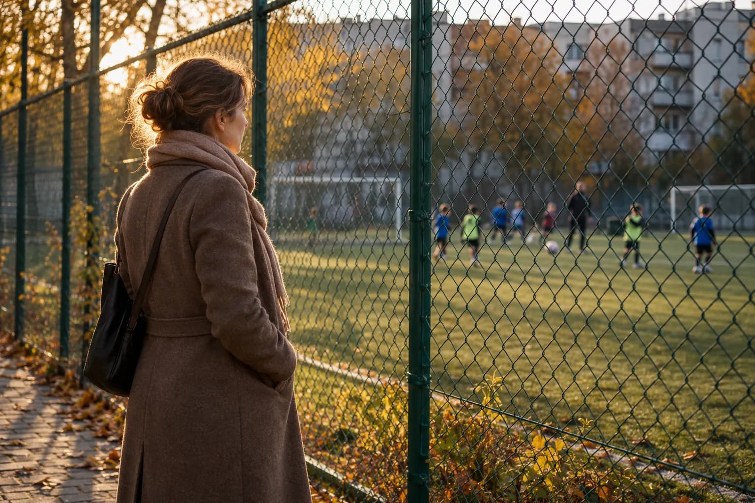 Kobieta w brązowym płaszczu i szaliku stoi tyłem przy siatce osiedlowego boiska i w niskim październikowym słońcu patrzy na trening piłki nożnej dzieci