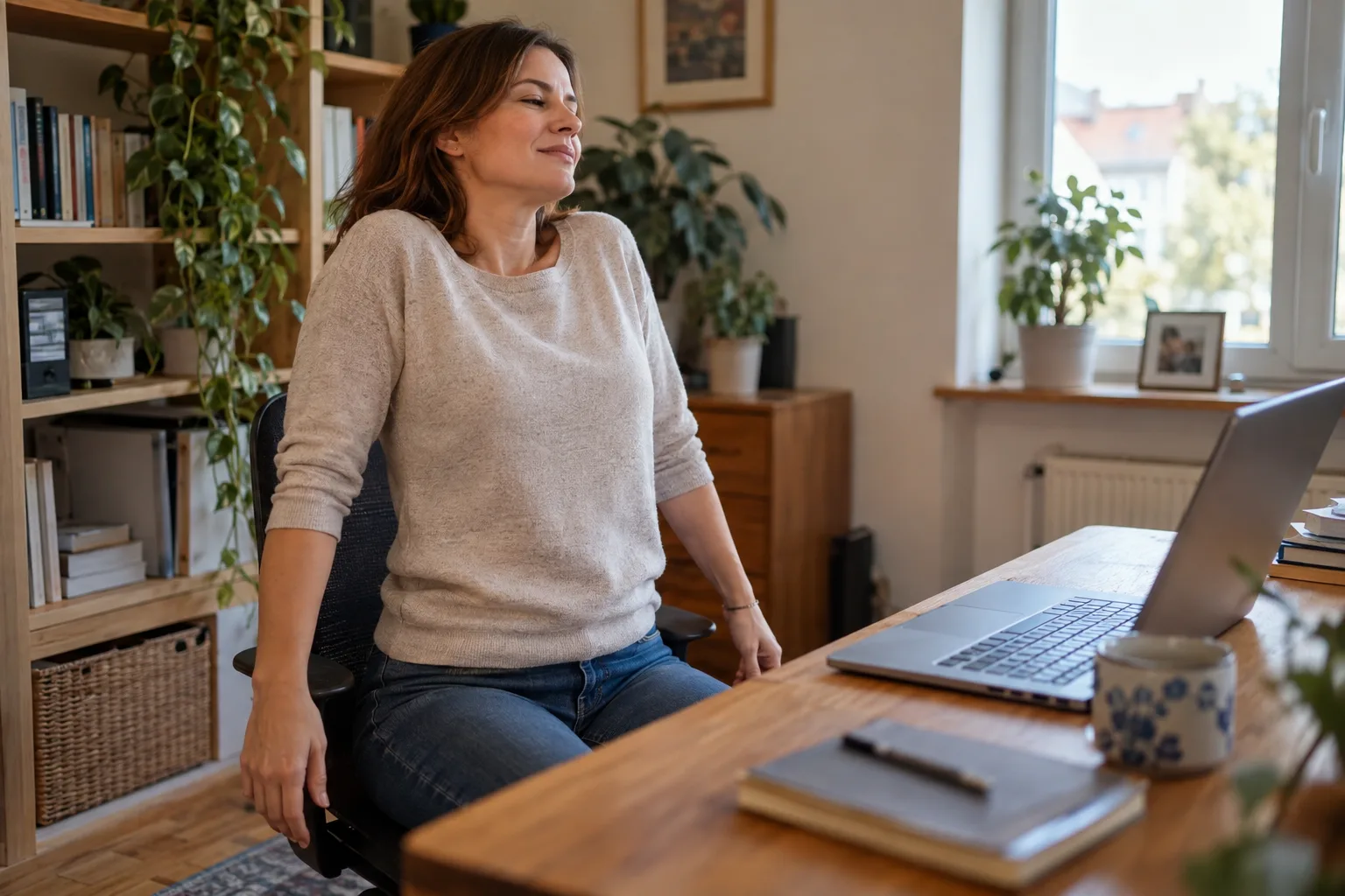 Kobieta przy biurku rozluźnia barki okrężnym ruchem